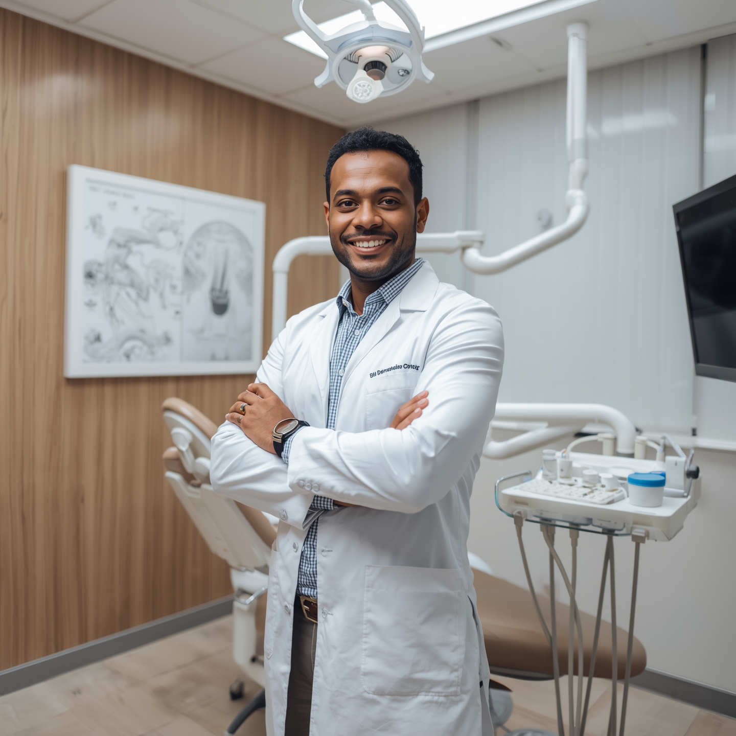 Consultório odontológico moderno com dentista sorrindo